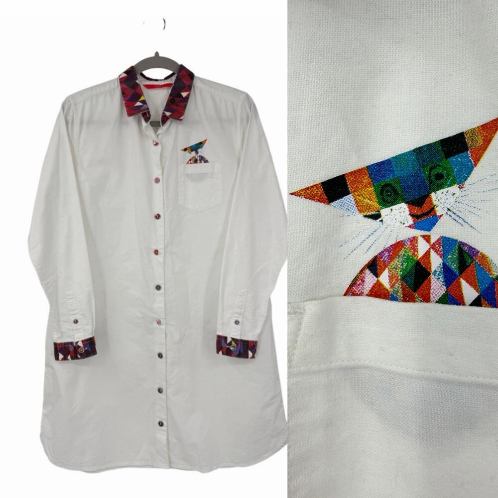 Graniph Lady F White Button-Up Shirt Dress Womens OS Cat Graphic Japan Artsy